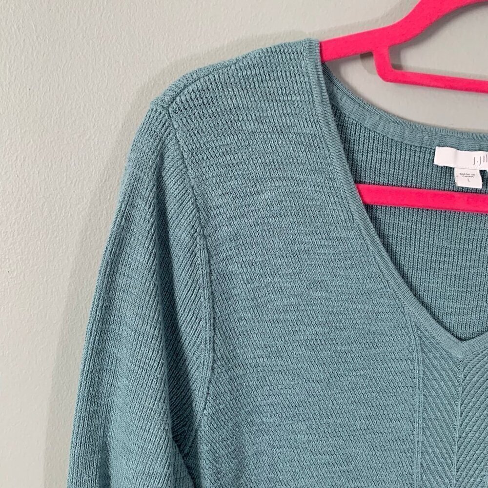 J. Jill Women Seafoam Blue Green V-Neck Textured Cotton Blend Knit‎ Sweater L - Picture 3 of 10
